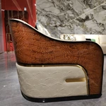 Cream Leather Sofa Set with Shell-Pattern Quilted Craftsmanship, Natural Burl Wood Veneer & Gold Stainless Steel Accents